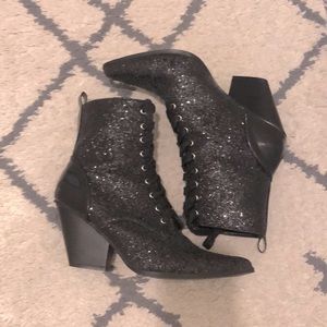 Sexy, sparkly, black, pointy toe, mid-calf boots